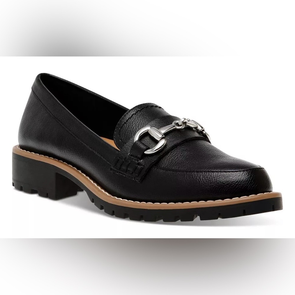 Dolce Vita Black Leather Lug Sole Loafers with Silver Bit